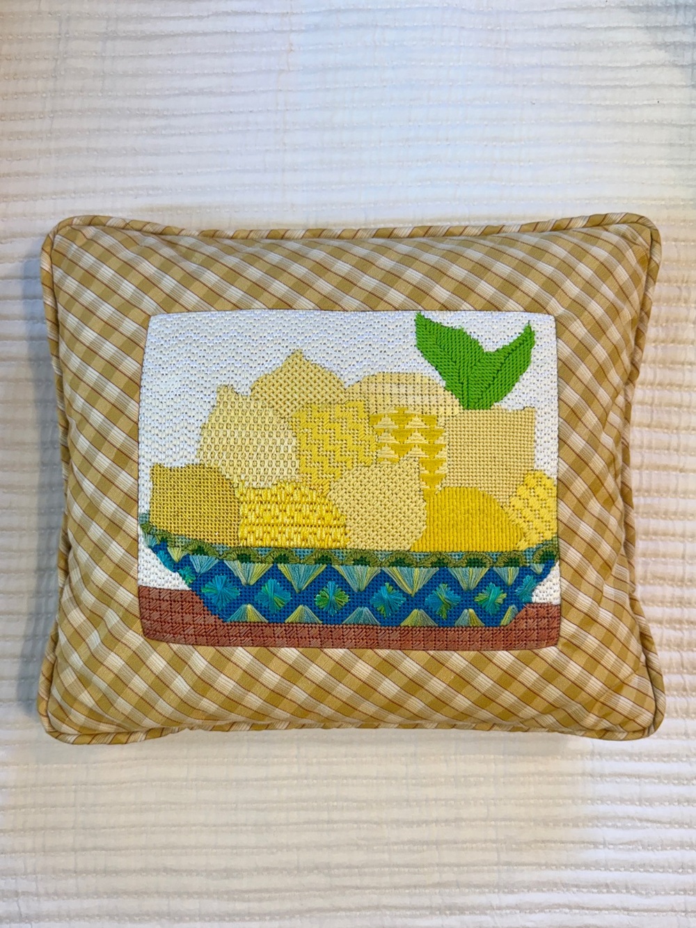 Handcrafted Yellow Lemon Butter Yellow Plaid Needlepoint Mini Accent Pillow